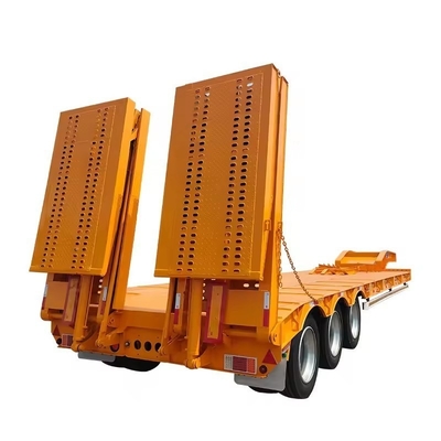Caminhão semi-reboque de 100 t de 3 eixos de cama baixa Lowboy de cama plana com elevador hidráulico e pescoço de galinha